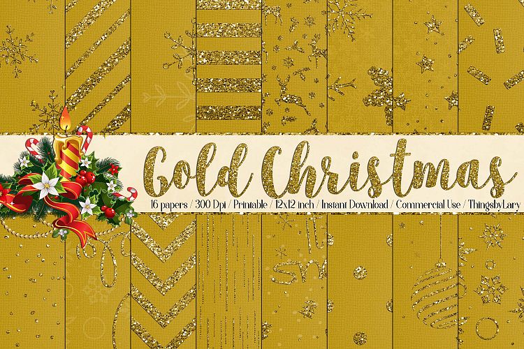 16 Gold Glitter Christmas Printable Digital Papers 12 inch