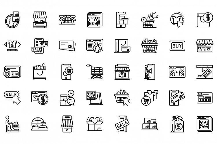 Online shopping icons set, outline style