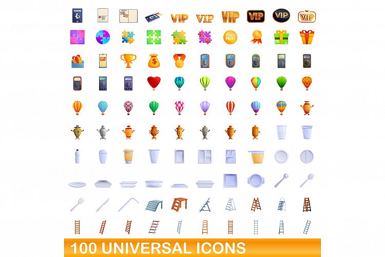 100 universal icons set, cartoon style