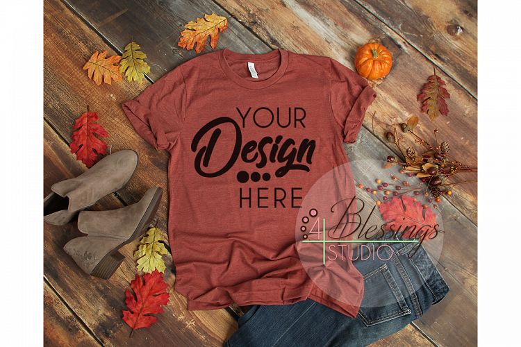 Fall Flat Lay Mock up Bella Canvas 3001 Heather Clay Unisex