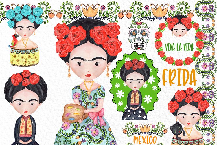Frida Kahlo Clipart,WATERCOLOR FRIDA CLIPART,Mexican clipart