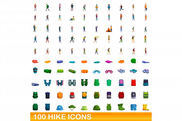 100 hike icons set, cartoon style example image 1