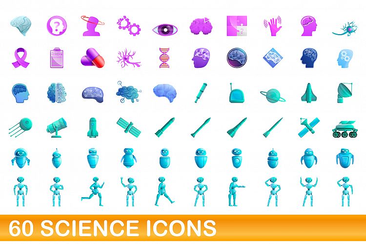 60 science icons set, cartoon style example image 1