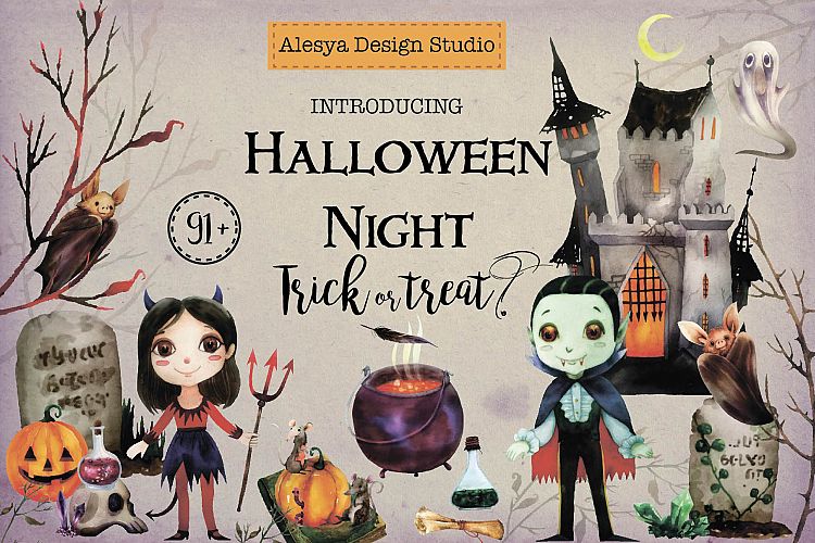 Halloween Night. Watercolor halloween characters.