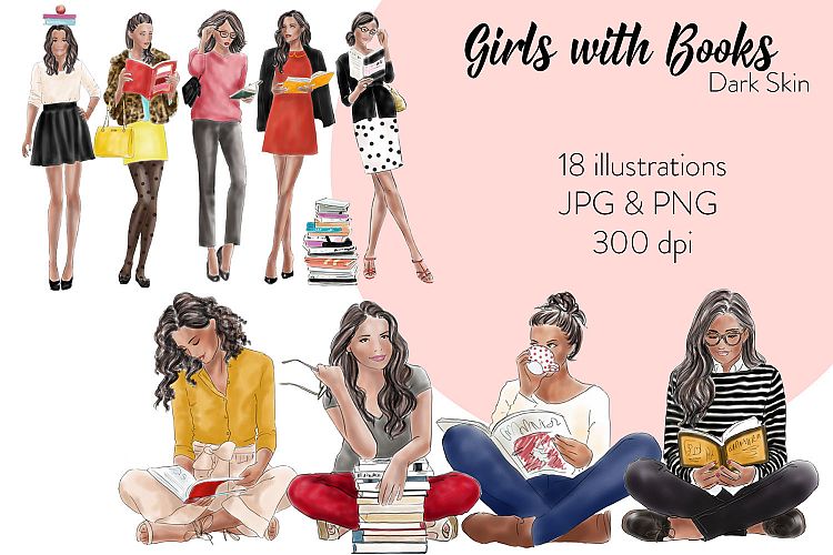 Fashion illustration clipart Girls with books - Dark skin