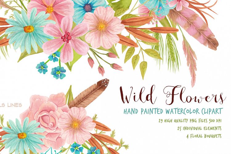 Wild Flowers Meadow Set Watercolor Clipart