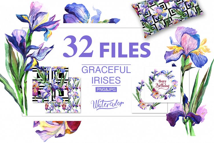 Irises PNG watercolor flowers set