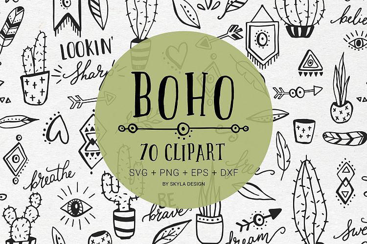 Boho cactus feather arrow svg clipart doodles