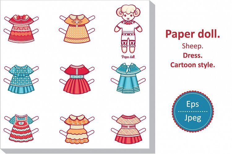 Paper doll. Dress. Cartoon style. Sheep. Cut Out Printable