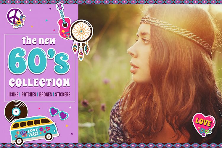Hippie, 60s, Boho stickers, icons 