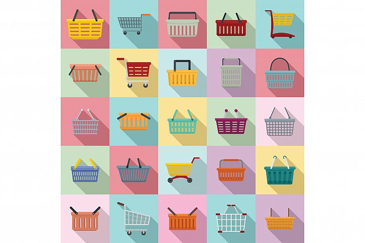 Cart supermarket icons set, flat style example image 1