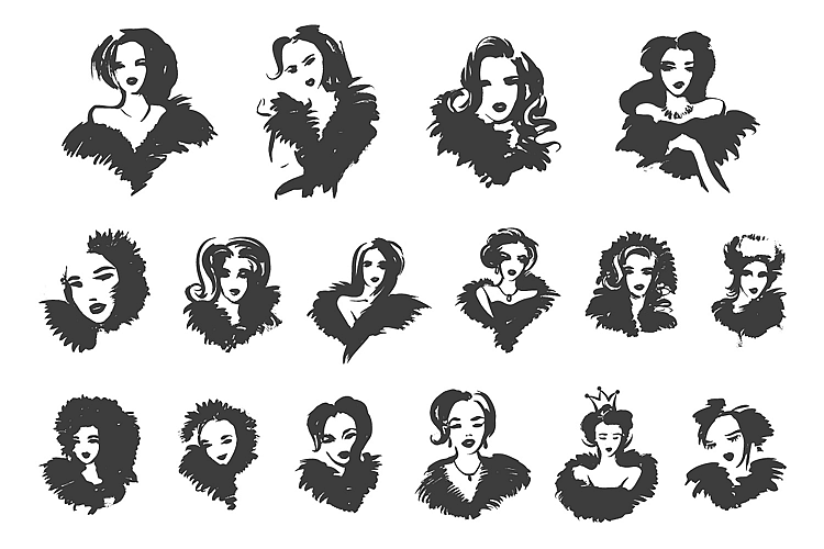 Glamour Girl with fur logo set silhouette illustration