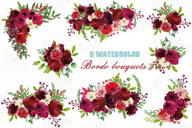 Boho Burgundy Red Watercolor clip art, floral bouquets png