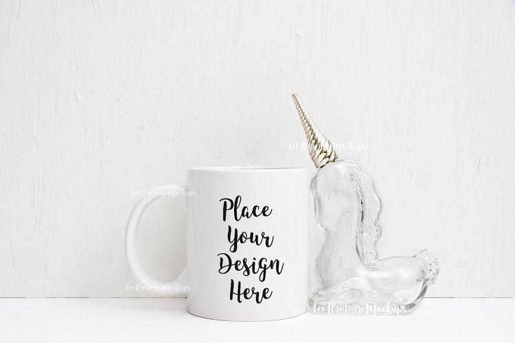 White coffee 11oz mug mock up unicorn decor rustic background PSD