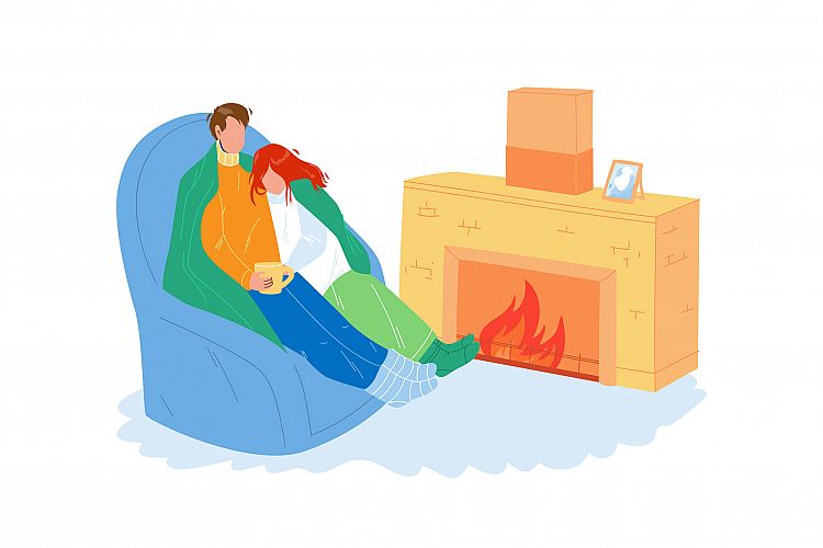 Winter Rest Couple Together Near Fireplace Vector example image 1