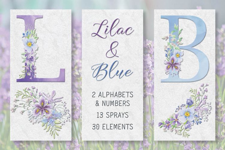 Lilac and blue watercolor floral alphabets