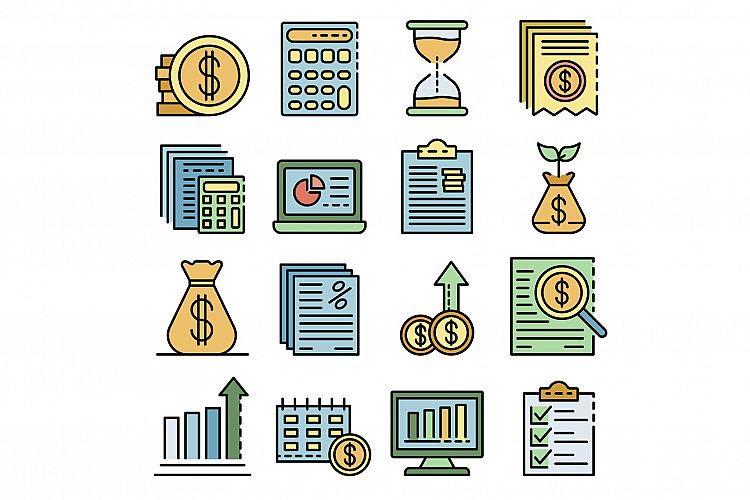 Expense report icons set line color vector