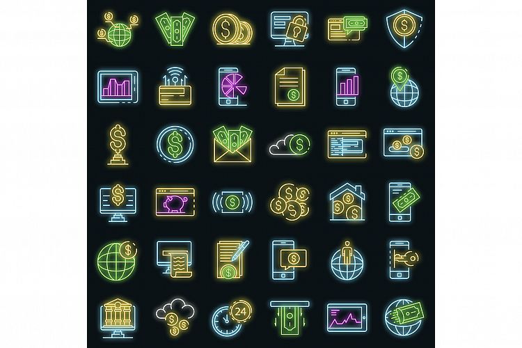 Internet banking icons set vector neon