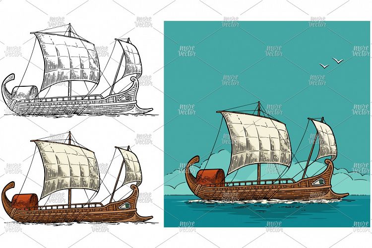 Trireme floating on the sea waves. Engraving