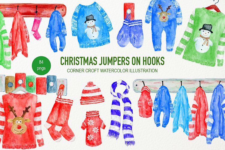 Hand Painted Watercolor Christmas Jumpers on Hooks Clipart