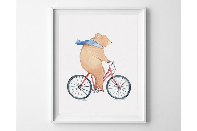 Bear on Bicycle Print for Kids Decor, nimal Poster for Kids