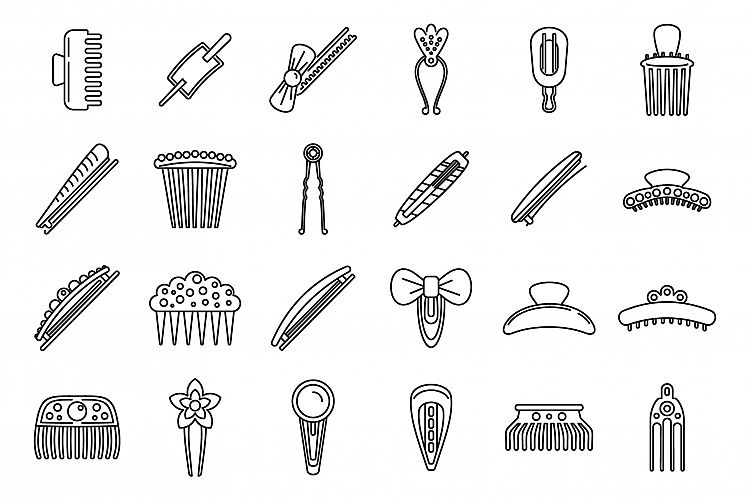 Girl barrette icons set, outline style example image 1