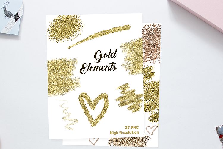 Gold Elements Clip Art - Golden Fairy Dust Glitter Heart Brush Line - 37 PNG Digital for Scrapbooking