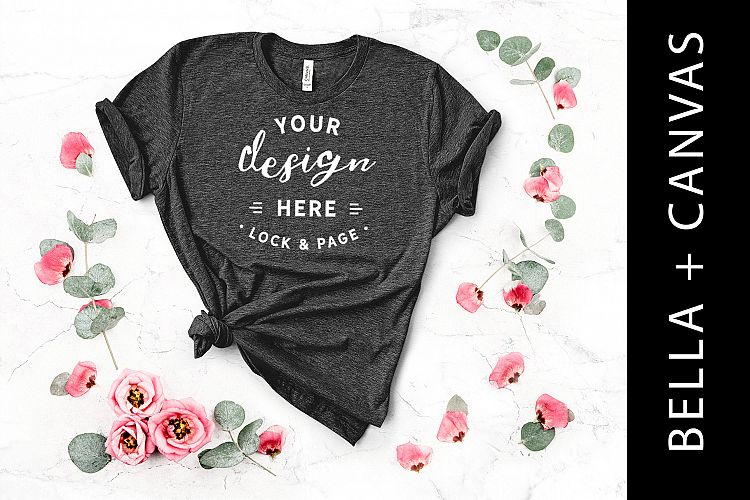 Download Heather Dark Grey Bella Canvas 3001 T Shirt Mockup Flowers (146421) | Mock Ups | Design Bundles