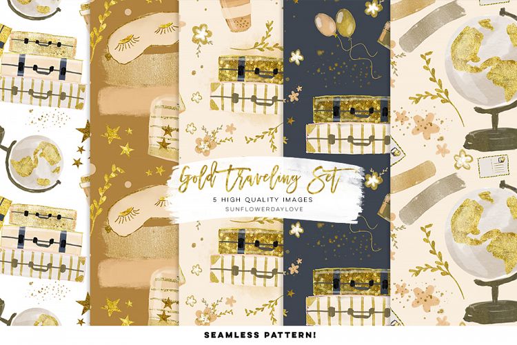 Travel Digital Papers, Gold Luggage Digital Pattern