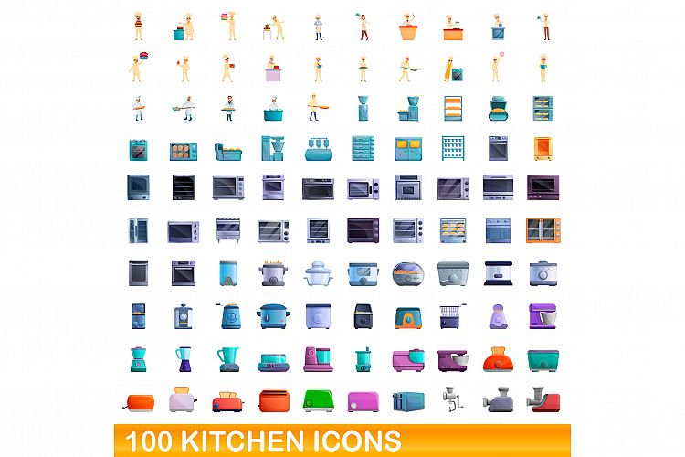 100 kitchen icons set, cartoon style example image 1