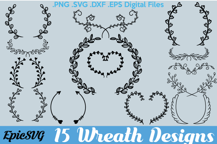15 Floral Wreath Designs | .SVG .DXF .EPS | Hand Drawn Wreath and Ornament Pack Frame Cutting Digital Files