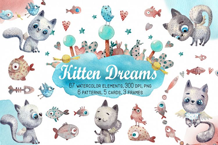 Kitten Dreams - Watercolor Clip Art Set