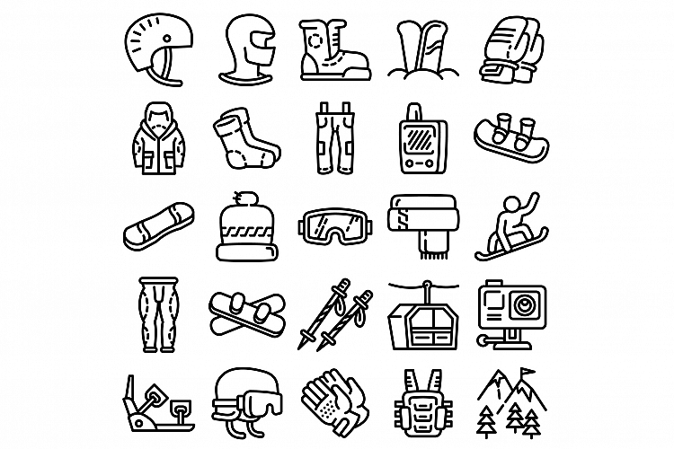 Snowboarding equipment icons set, outline style example image 1