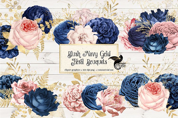 Blush Navy and Gold Floral Clipart (217170) | Illustrations | Design