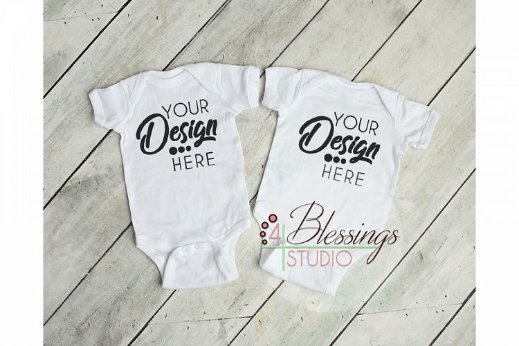 Two Blank White Baby Bodysuits Shirt Mockup Twin Mock up