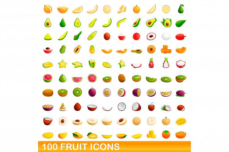 100 fruit icons set, cartoon style example image 1