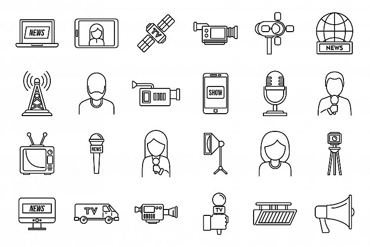 TV presenter interview icons set, outline style example image 1