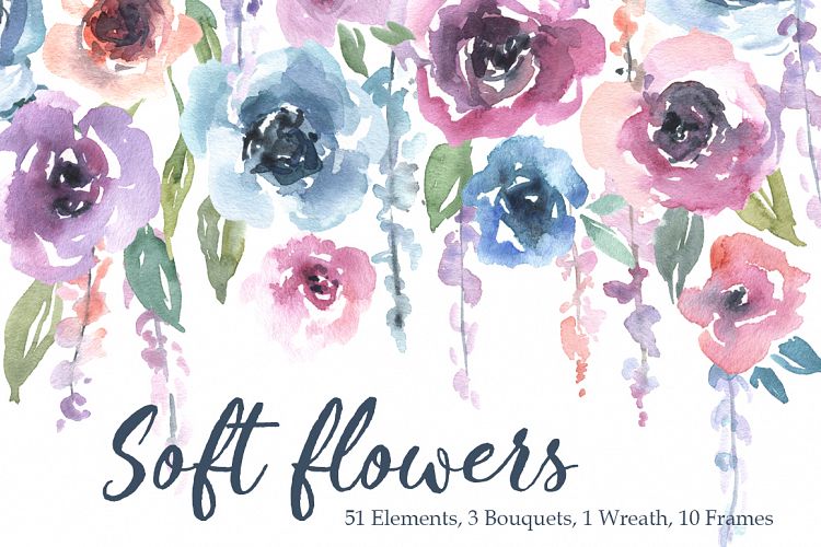 Watercolor Pink Blue Flowers Bouquets Frames