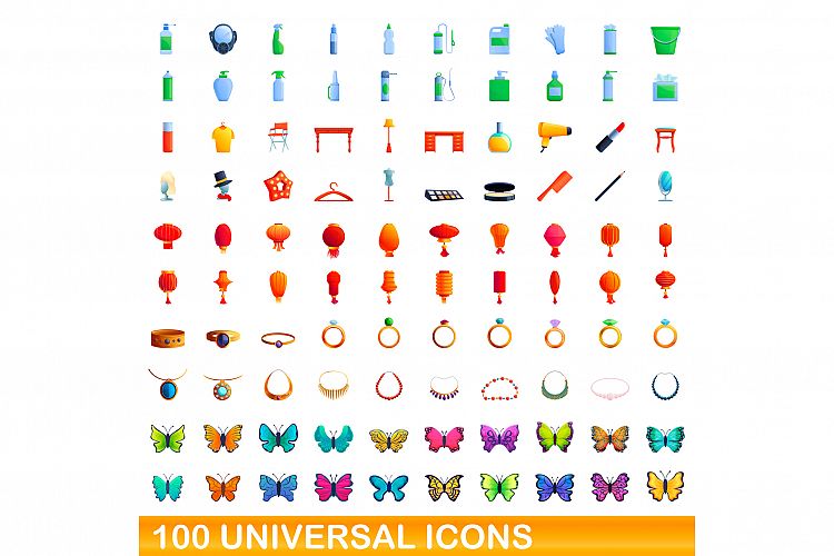 100 universal icons set, cartoon style example image 1