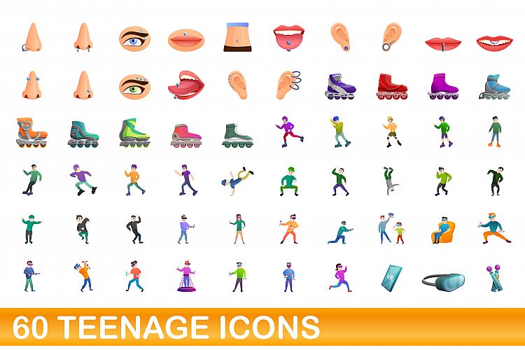 60 teenage icons set, cartoon style example image 1