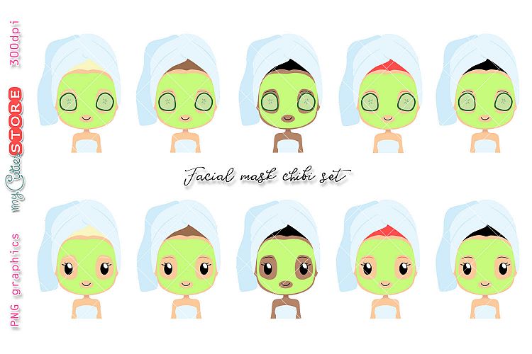 Facial mask chibi girl clipart, cute kawaii girls health and selfcare clip art set for planner stickers, cards, tshirts, mugs or digital planning. 