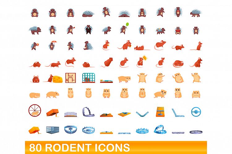 80 rodent icons set, cartoon style example image 1