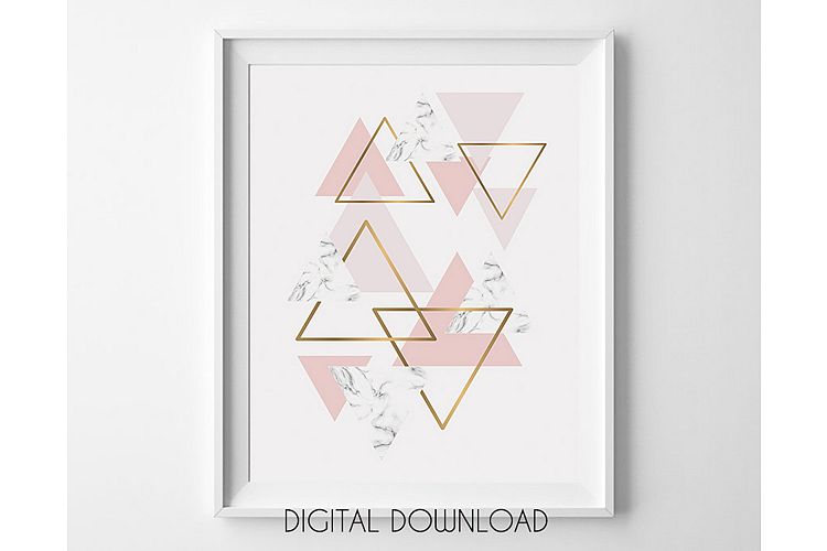 Pink and Gold Wall Print, Geometric Triangle Digital