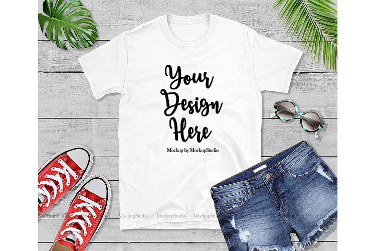 White Tshirt Mockup, Gildan 64000 Shirt Flat Lay Display
