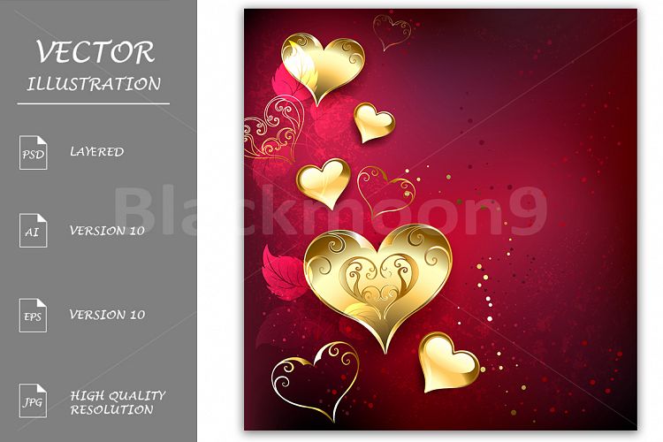 Golden Hearts on Red Background