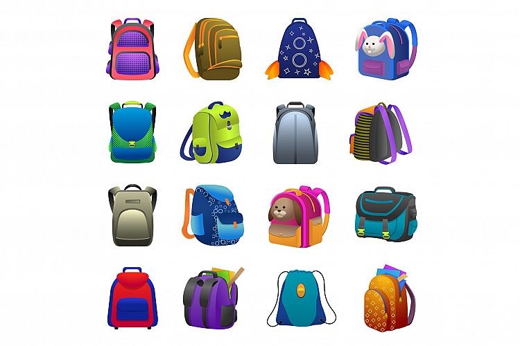 Backpack icons set, cartoon style example image 1