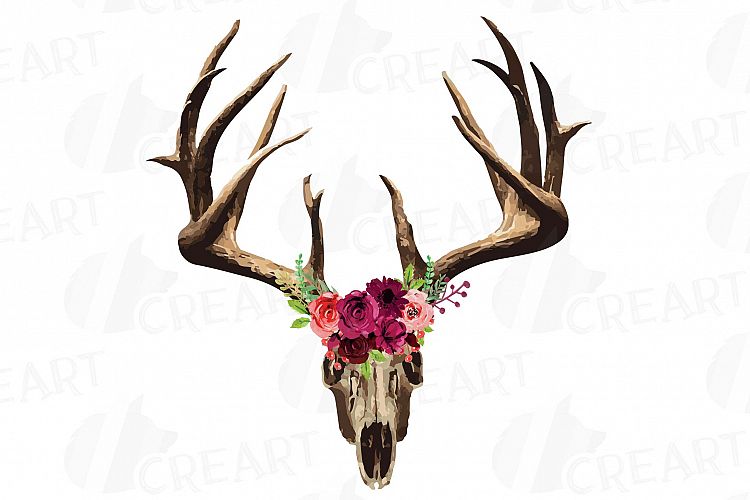 Floral Deer Skull watercolor clip art, Indian Tribal skull