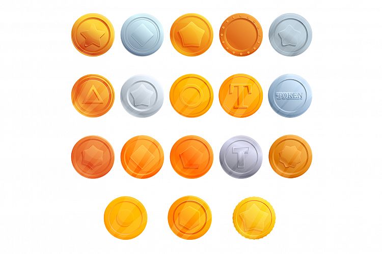 Tokens icons set, cartoon style