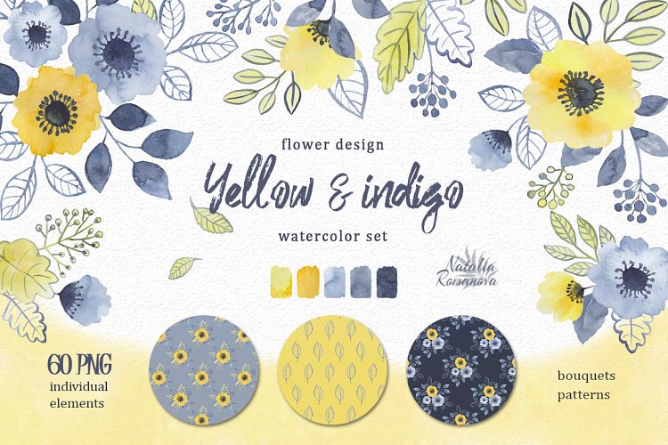 Watercolor set of yellow and indigo