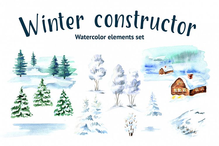Winter constructor. Watercolor elements set